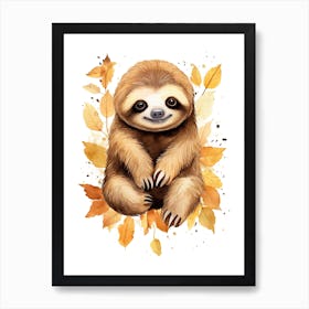 A Sloth Watercolour In Autumn Colours 2 Art Print