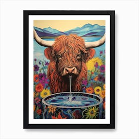 Floral Colourful Illustration Of Highland Cow Drinking Out Of Trough 2 Art Print