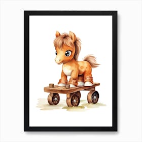 Pony On A Toy Car, Watercolour Nursery 1 Art Print