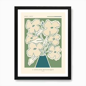 Abstract flowers in a vase, Sage green, Flower market Paris, Neutral retro print Art Print