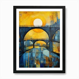 Blue Bridge with Sun III, Modern Vibrant Colorful Painting in Oil Style Art Print