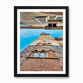 Lucca Guinigi Tower and Its Rooftop Trees. The Guinigi Tower, a historic landmark in Lucca, Italy, stands out for its unique rooftop garden featuring tall oak trees. Built in the 14th century, the red-brick structure embodies medieval architecture and offers panoramic views of the city for visitors who climb to the top. Art Print