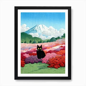 View Of Mount Fuji From An Azalea Garden With A Cat Art Print