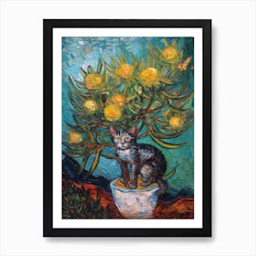 Still Life Of Proteas With A Cat 4 Art Print