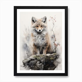 Fox, Japanese Brush Painting, Ukiyo E, Minimal 4 Art Print