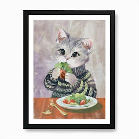 Cute Cat Eating Salad Folk Illustration 1 Art Print
