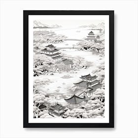 Okinawa Islands In Okinawa, Ukiyo E Black And White Line Art Drawing 3 Art Print