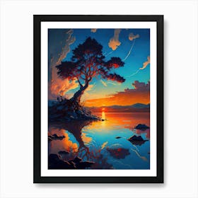 Sunset Tree - Blue and Orange Art Print