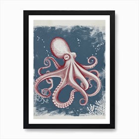 Octopus In The Ocean With Coral Linocut Inspired 4 Art Print