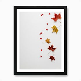 Autumn Leaves Scattered Asymmetrically Across A White Canvas Single Red Berry Placed Off Center Em (3) Art Print