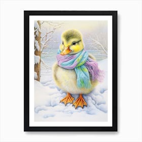 Winter Duckling In A Scarf Pencil Illustration 1 Art Print