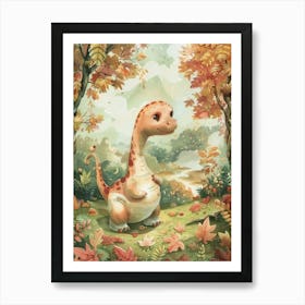 Dinosaur In The Autumn Leaves Storybook Style 2 Art Print