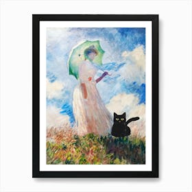 Claude Monet Suzanne Hoschede Woman With An Umbrella And A Black Cat Art Print