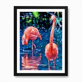 Flamingos in a Tranquil Lagoon. A serene scene of vibrant pink flamingos wading and interacting in a lush, green lagoon surrounded by dense foliage. The water reflects their elegant forms, creating a harmonious connection between nature and wildlife. 1 Art Print