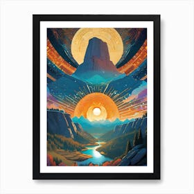 Journey Of The Sun ~ Top of The Mountain - Imagined Visionary Psychedelic Mandala Fractals Fantasy Artwork Sun Moon Yoga Spiritual Awakening Meditation Wall Room Decor Sunset Art Print