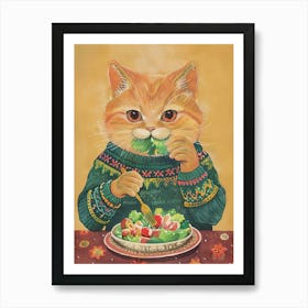 Brown Cat Eating Salad Folk Illustration 2 Art Print