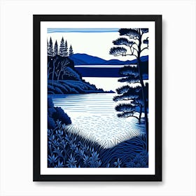 Crystal Clear Blue Lake Landscapes Waterscape Linocut 1 Art Print