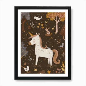 Unicorn In The Meadow With Abstract Woodland Animals 4 Art Print