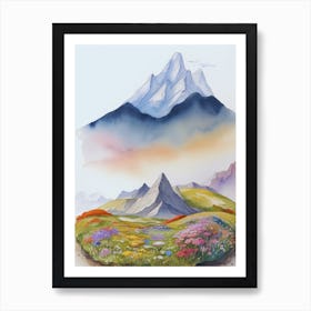 Watercolor Of Mountains And Beautiful Flowers Art Print