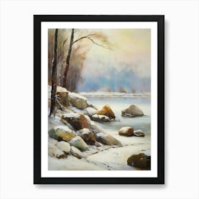 Ancient landscapes, old winter oil paintings and rocks around the lake bank. Snow is falling on the lake, old colors.1 1 Art Print