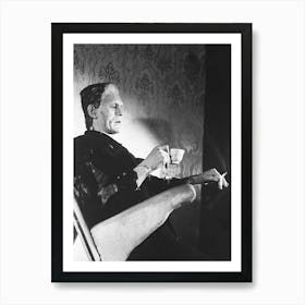 Frankenstein Drinking Tea and Smoking, Halloween, Black and White Old Photo Art Print