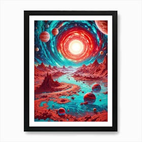 Surreal neon alien world — red planets adorn the cosmic canvas beneath a colossal sun, a fantastical realm where abstract mountains meet the wonders of interstellar imagination. Art Print