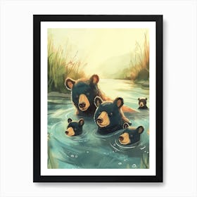 American Black Bear Family Swimming In A River Storybook Illustration 2 Art Print