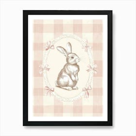 Little Baby Bunny in a Whimsical Bows Frame with Checkered Background. Vintage Illustration, Kids Room Art Print