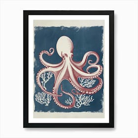 Retro Red Navy Octopus Linocut Style 1 Art Print