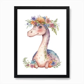 Diplodocus With A Crown Of Flowers Cute Dinosaur Watercolour 4 Art Print