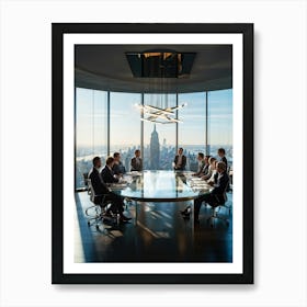 Confident Ceo Standing With Hands Intertwined At The Tables Edge Flanked By Attentive Team Members (1) Art Print