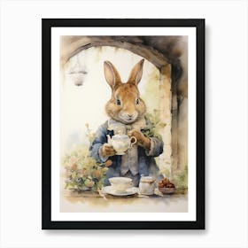 Bunny Drinking Tea Rabbit Prints Watercolour 1 Art Print