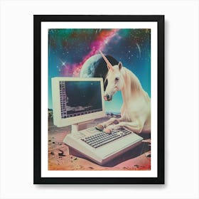 Retro Unicorn In Space With A Computer Retro Collage 2 Art Print