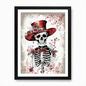 Floral Skeleton With Hat Ink Painting (64) Art Print
