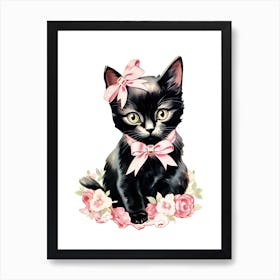 Vintage Cat  Pink Flowers Kitsch Art Print