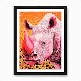 Linocut Inspired Pink Orange & Yellow Rhino  1 Art Print