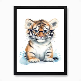 Smart Baby Tiger Wearing Glasses Watercolour Illustration 1 Art Print