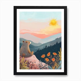 Sloth Bear Looking At A Sunset From A Mountaintop Storybook Illustration 4 Art Print