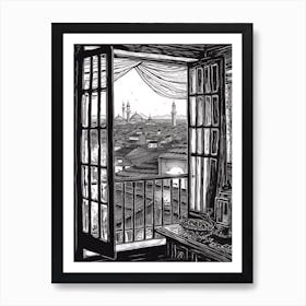 A Window View Of Istanbul In The Style Of Black And White  Line Art 3 Art Print