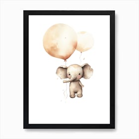 Baby Elephant Flying With Ballons, Watercolour Nursery Art 2 Art Print