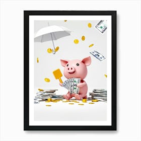 Baby Pig As A Corporate Mascot Clutching A Billfold Playing Cards Scattered Nearby Depicting Variou Art Print