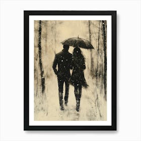 Couple Walking In The Snow, Romantic Monochrome Charcoal style Art Print