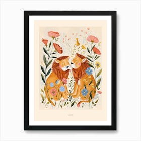 Folksy Floral Animal Drawing Lion Poster Art Print