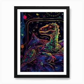 Neon Dinosaur Line Illustration Relaxing 2 Art Print