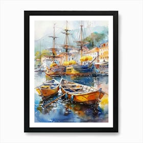 Watercolor Of Fishing Boats Art Print