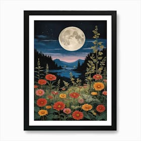 Full Moon Over Flowers 1 Art Print