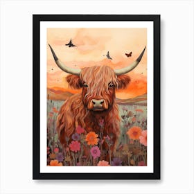 Highland Cow At Sunset With Butterflies Art Print