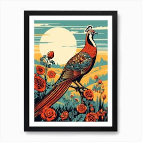 Vintage Bird Linocut Pheasant 2 Art Print