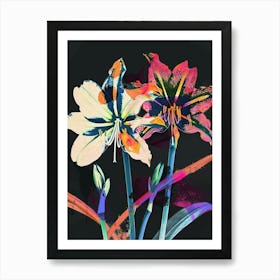 Neon Flowers On Black Amaryllis 7 Art Print