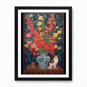 Snapdragons With A Cat 2 William Morris Style Art Print